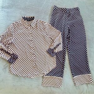Zara Womens Navy Blue White Top and Pants Pattern Set Size S